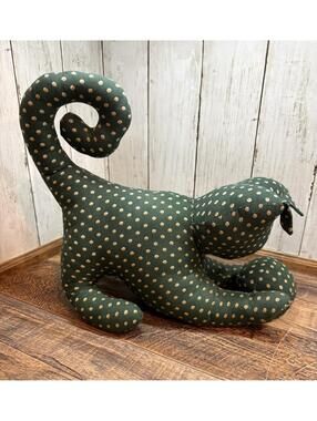 Vintage Cat Soft Sculpture Stuffed Kitten Green Fabric Door Stop Decor 12" x 11"